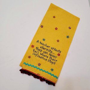 Natural Life Tea Towel, Teacher Gift, Yellow Embroidered Pom Pom Flowers NEW